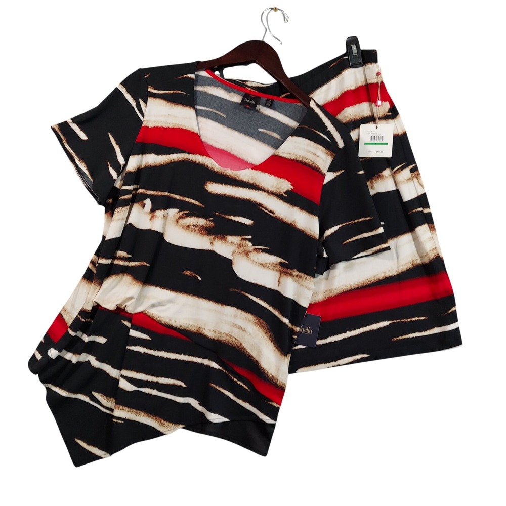 Rafaella Top and Skirt Set Womens Large Black Red Abstract Knot Front RSKM5134